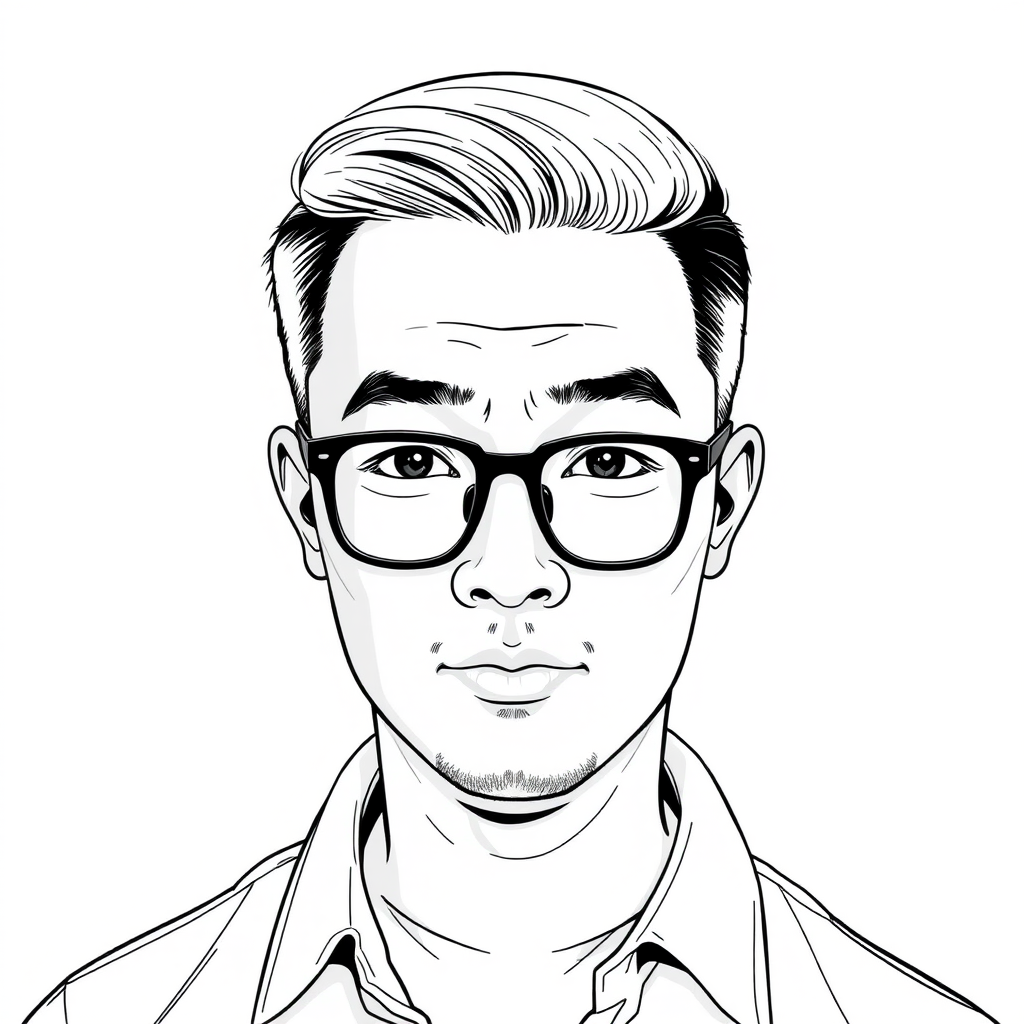 A cool black and white line drawing of a man about 35 years old, with short flat hair, Asian features, wearing black thin-framed glasses, slightly short beard on his chin, a shirt, a full face, clean and fresh skin, and a slightly chubby body. - Image