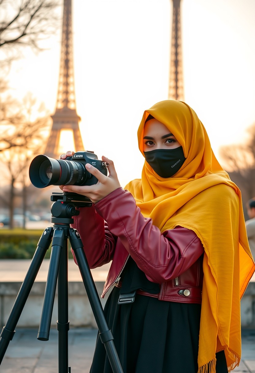 Biggest hijab yellow Muslim girl, beautiful eyes, face mask black, red leather jacket, black biggest skirt, camera DSLR CANON, tripod, taking photo Eiffel Tower, sunrise, morning scenery, Eiffel Tower, hyper-realistic, street photography.