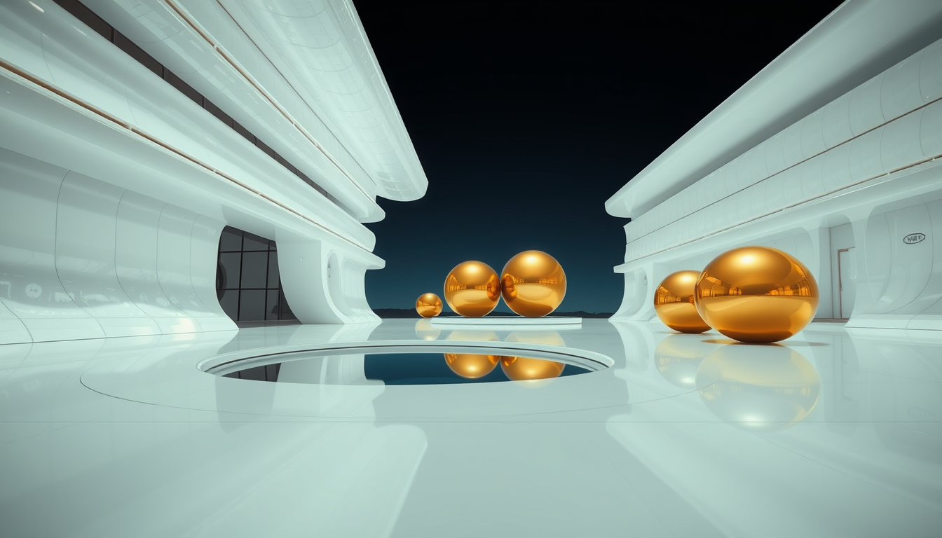 An eye-level, wide-angle shot of a fantasy, futuristic, and alien architectural square that features horizontally and vertically curved structures covered in white metallic reflective material. In the background, there are a few spherical gold objects with reflective, metallic surfaces that resemble large, smooth capsules. These objects are positioned on a sleek, ultra-white shiny floor that reflects their surfaces. The focus is the sleek horizontally and vertically curved architecture covered in white metallic reflective material and a water feature. The mood is serene and cool, bursting with futuristic creativity.