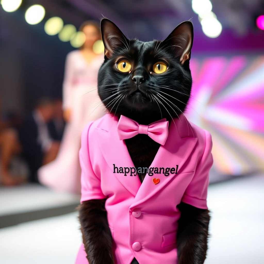 A black cat in a pink tuxedo with the name "happyangel 밀크" embroidered on it is posing on the fashion show stage.