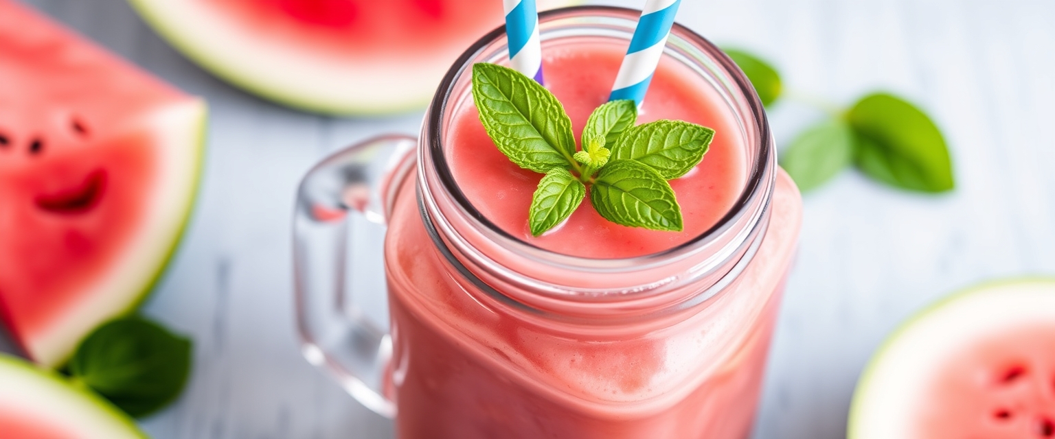 Watermelon smoothie in a mason jar with a straw, refreshing beverage, healthy lifestyle. - Image