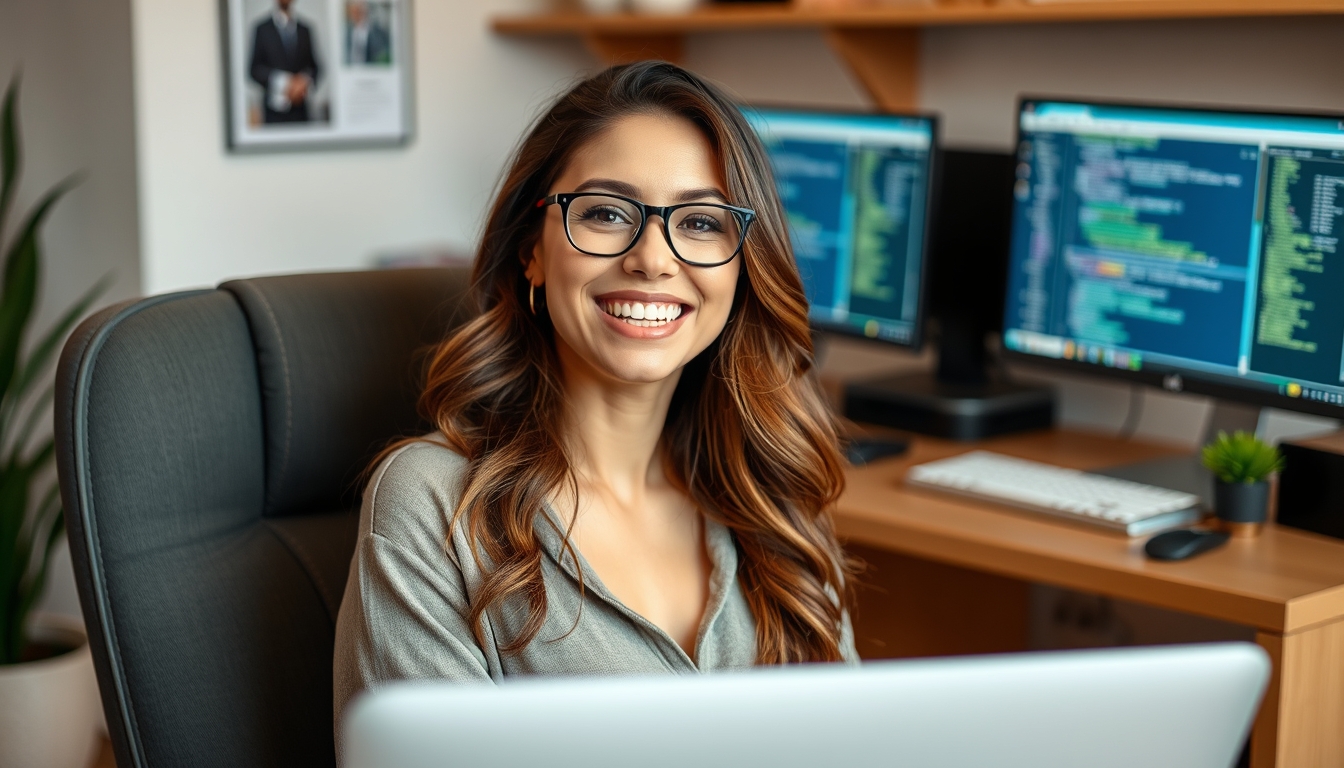 Photo of a lovely, excited, glad woman software developer sitting in an armchair in a comfortable workspace or workstation indoors.