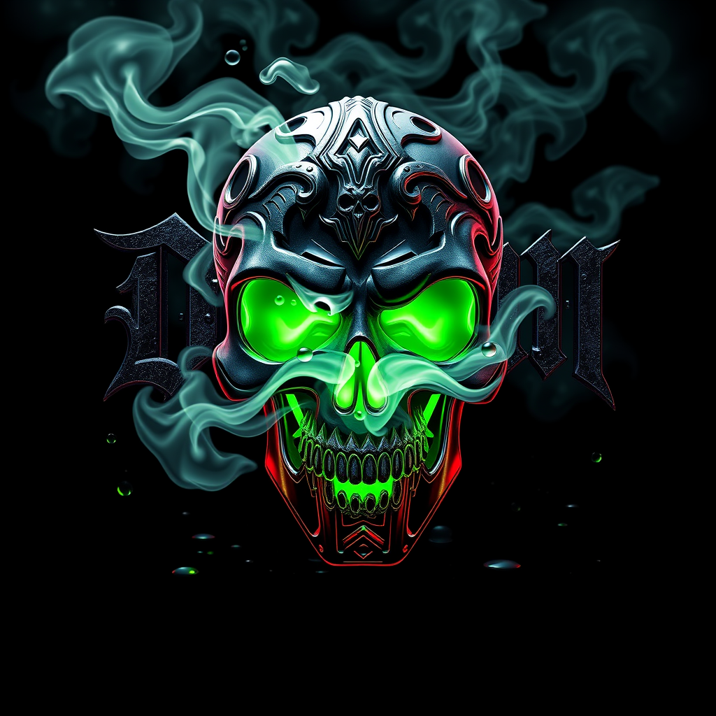 Hyper-realistic logo for DoomVapes, a vape company. Intricate metal skull exhaling dense, swirling vapor clouds. Eerie green glow emanates from eye sockets. Gothic lettering wraps around, casting shadows. Droplets of e-liquid create reflective surfaces. Ominous, dystopian atmosphere with cyberpunk undertones.