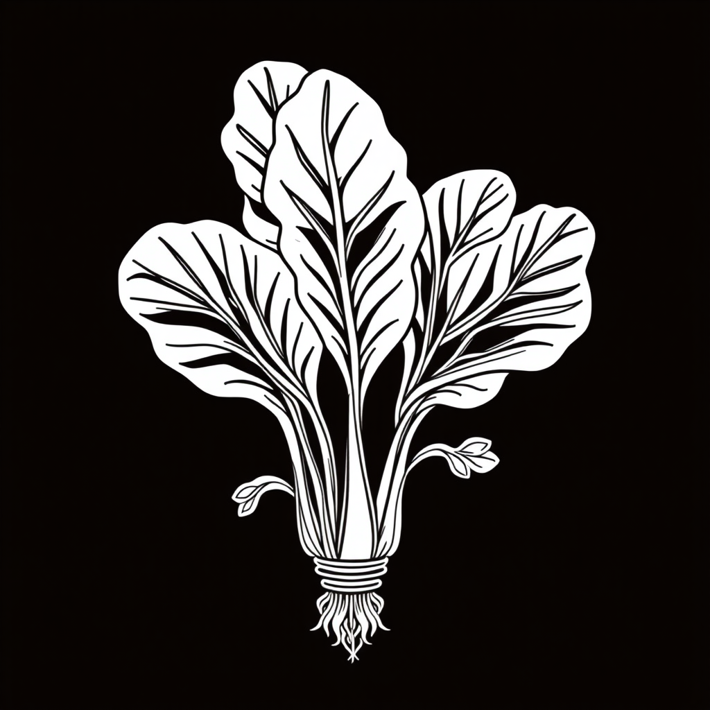 'Bok choy ornament: the homophone "百财" (bǎi cái) implies the gathering of wealth. Please draw a line drawing of bok choy, ensuring high-quality output with plenty of details.'