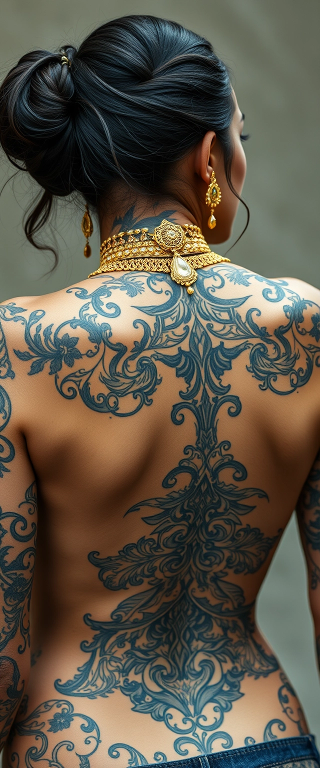 Close-up view of the back of a fair-skinned, beautiful Indian-Persian woman with stunning facial features, realistic skin, and a perfect body, fully covered in heavy tattoos and wearing ornate gold jewelry.