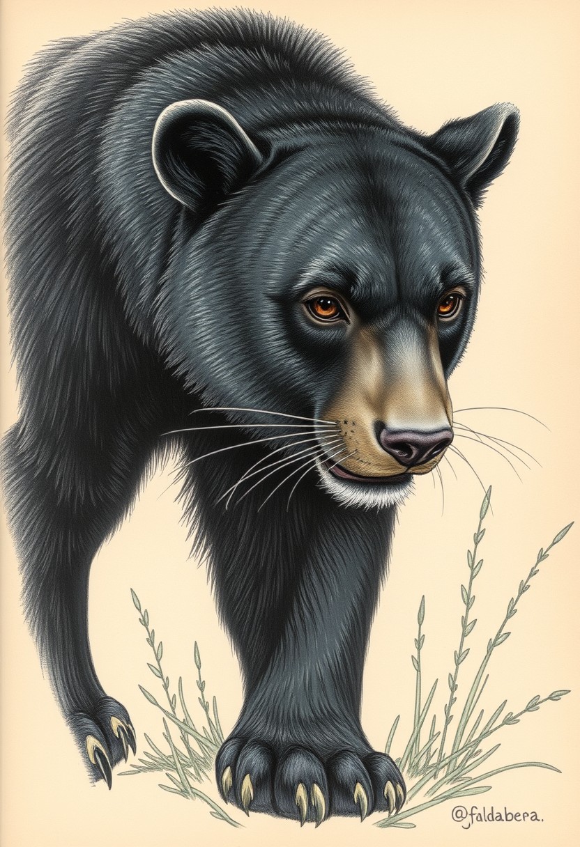 Realistic, quarter view, black bear cougar hybrid. Sketch with field notes. Fantasy bestiary book. - Image