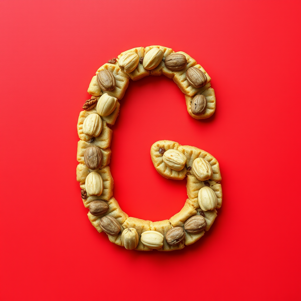 A letter "G" made of nut cookies, red background, realistic photograph.