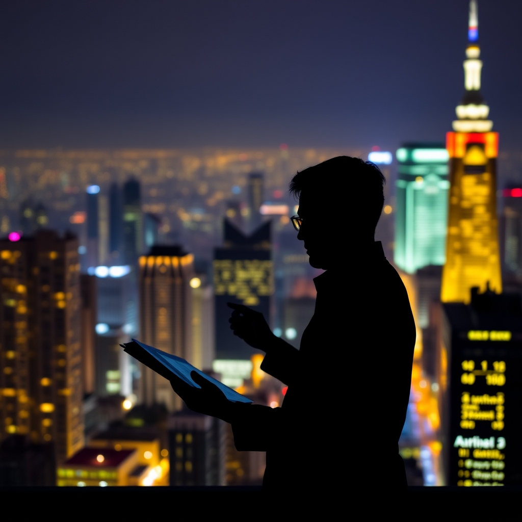 Silhouette of a Person Analyzing Financial Data with a Vibrant Cityscape Background at Night - Image