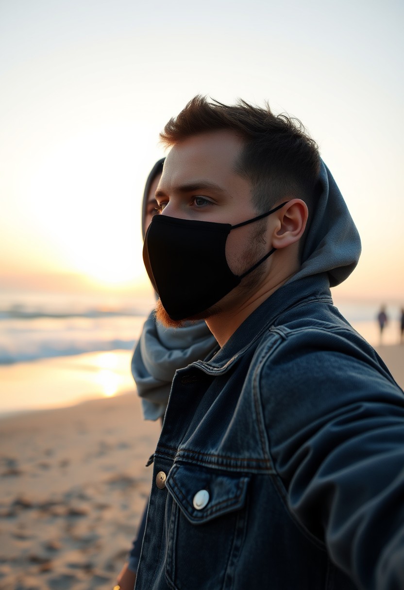 Jamie Dornan's head and body shot, handsome, black face mask, denim jacket, jeans, dating, love couple, with the biggest grey hijab Muslim girl, black face mask, beautiful eyes, black leather jacket, largest skirt, taking photo at the beach, DSLR Canon camera, sunrise, hyper-realistic, street photography, selfie. - Image