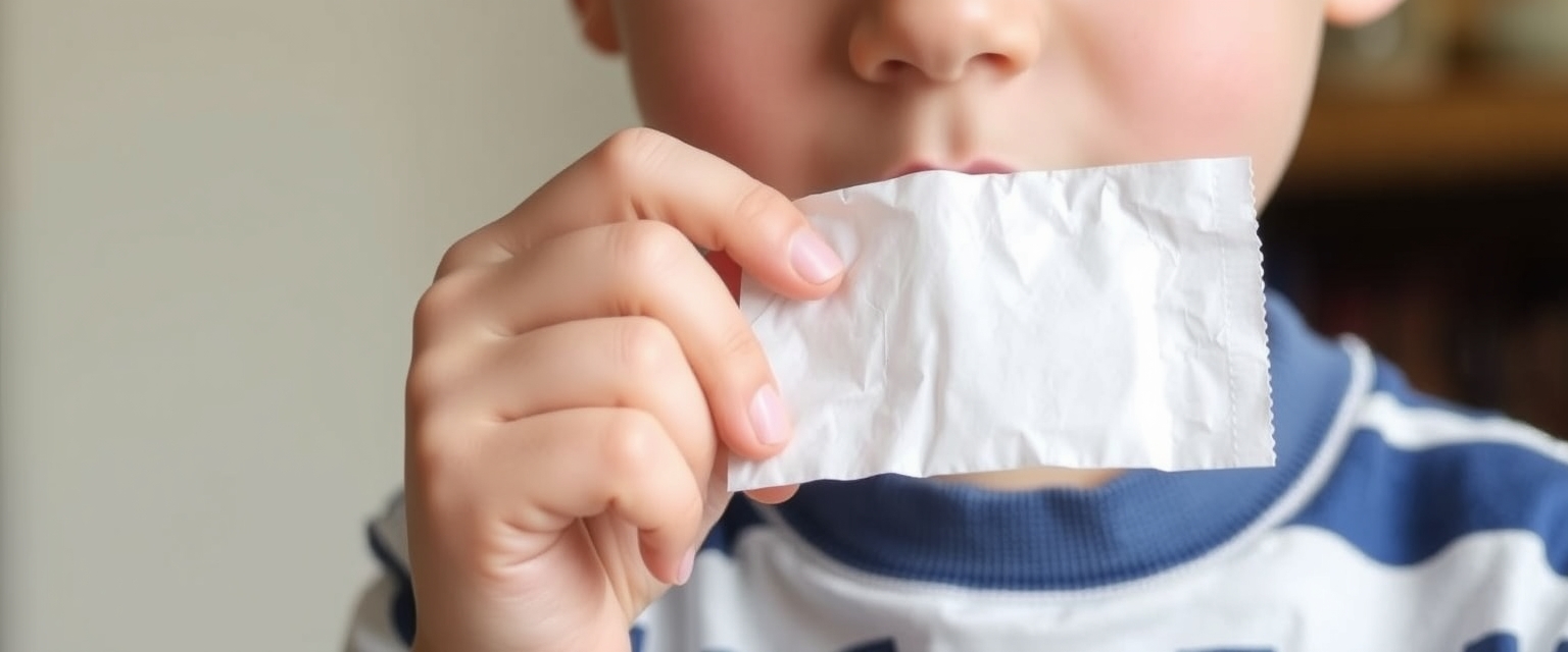 Boy with a tissue packaging homemade herbal cough drops emphasizing the creation of natural remedies for cold symptoms.