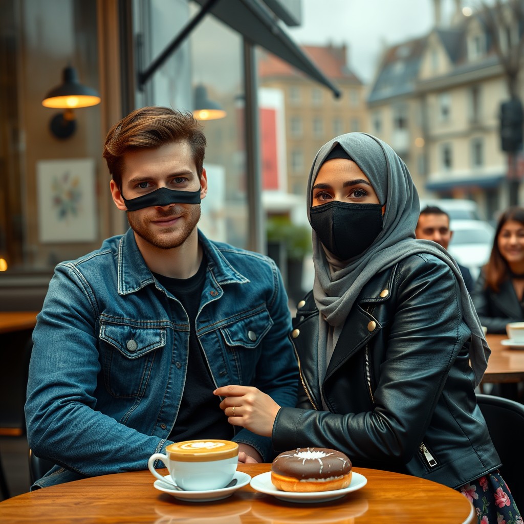 Jamie Dornan's head and body shot, handsome, young, black face mask, blue jeans jacket, jeans, dating a Muslim girl in a grey hijab with beautiful eyes, black face mask, black leather jacket, the biggest floral skirt, at a café, two cups of latte, muffin cake, chocolate donut on a table, with three other friends smiling in the background, photorealistic, hyper-realistic, street photography, selfie.