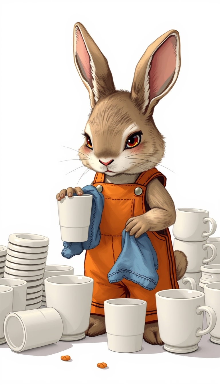 A little rabbit, wearing an orange overalls, is holding a rag and cleaning a coffee cup. Next to it are many coffee cups waiting to be cleaned, and its eyes show a hint of grievance.