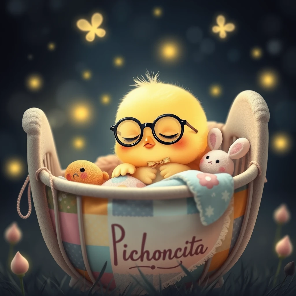 /imagine it is night. A delicate, soft Kawaii little chick with glasses is sleeping in its little bed, surrounded by fireflies, with a patchwork blanket, and tiny cute stuffed bunnies, with the name "Pichoncita" written on the cradle.