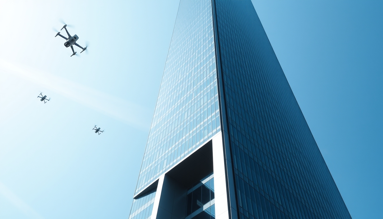 A towering skyscraper with sleek, reflective surfaces and innovative design elements, set against a clear blue sky with flying drones in the distance.