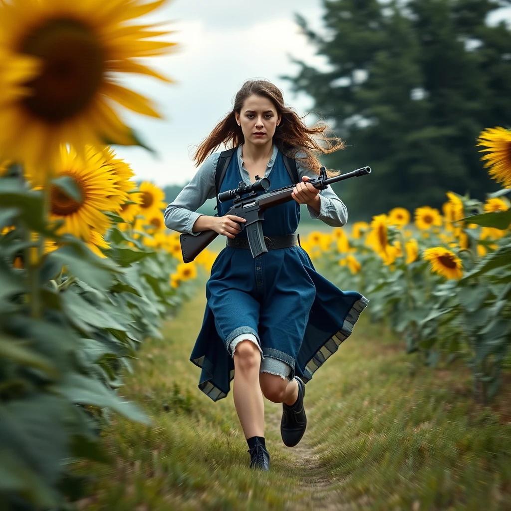 A 20-year-old Ukrainian woman running toward the camera in a sunflower field, holding a sniper rifle, (Ukrainian costume: 1.4), Style by Rick Remender, motion blur, action, full body, award-winning work. - Image