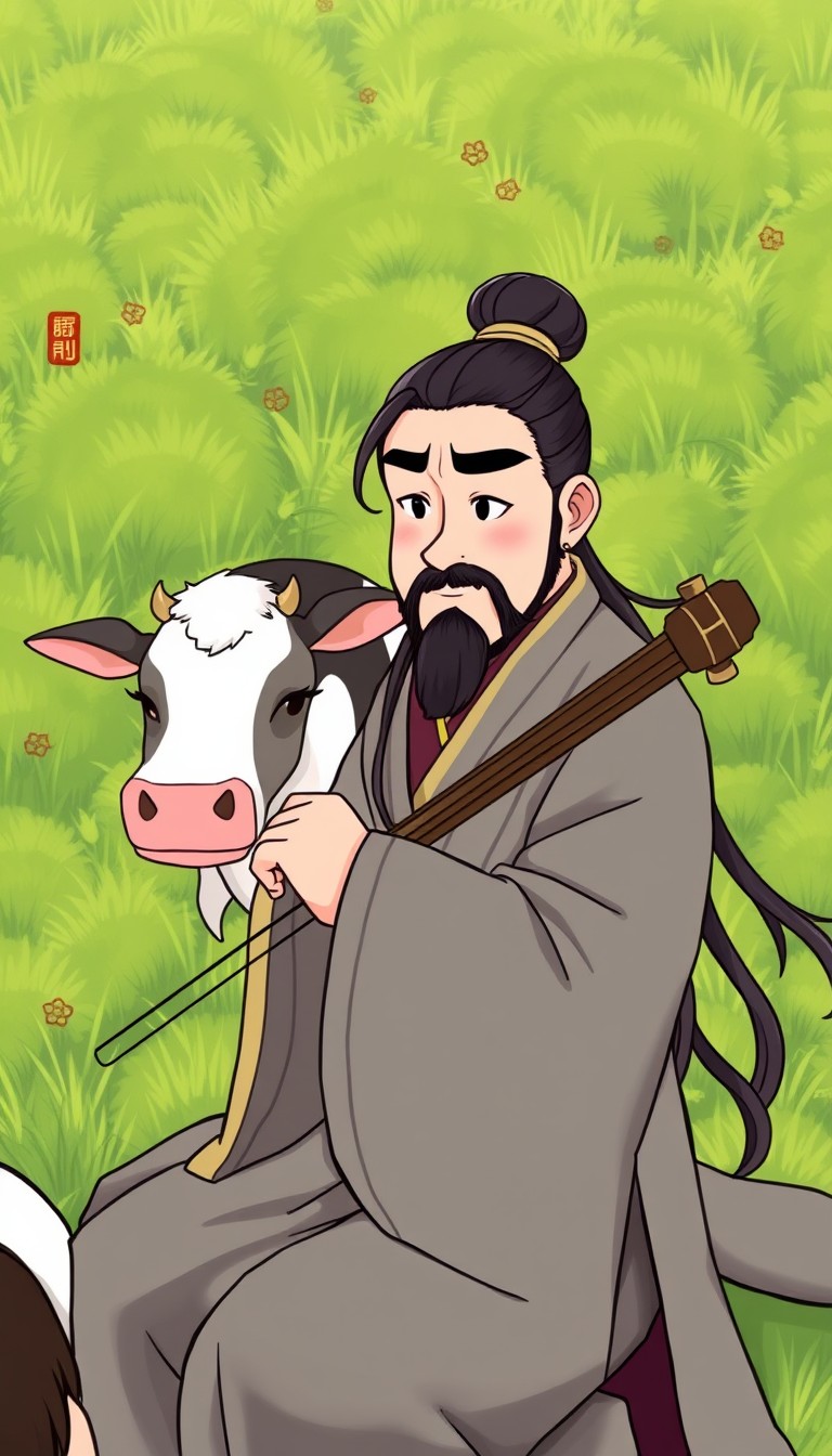 Gong Mingyi, in his traditional Chinese robes with long flowing hair in a bun, stops playing and looks puzzled. His eyebrows are furrowed, and he observes the cow's lack of reaction to his music. The background continues to show the lush greenery of the field. (illustration style, traditional Chinese art)