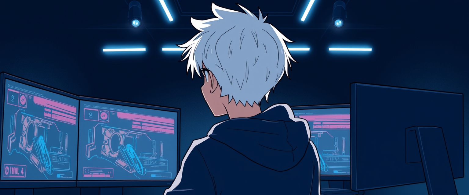 "Illustration of a boy with white hair and a black sweatshirt in a gamer setup with spotlights in front, looking at two monitors in a black room with few white neon lights."