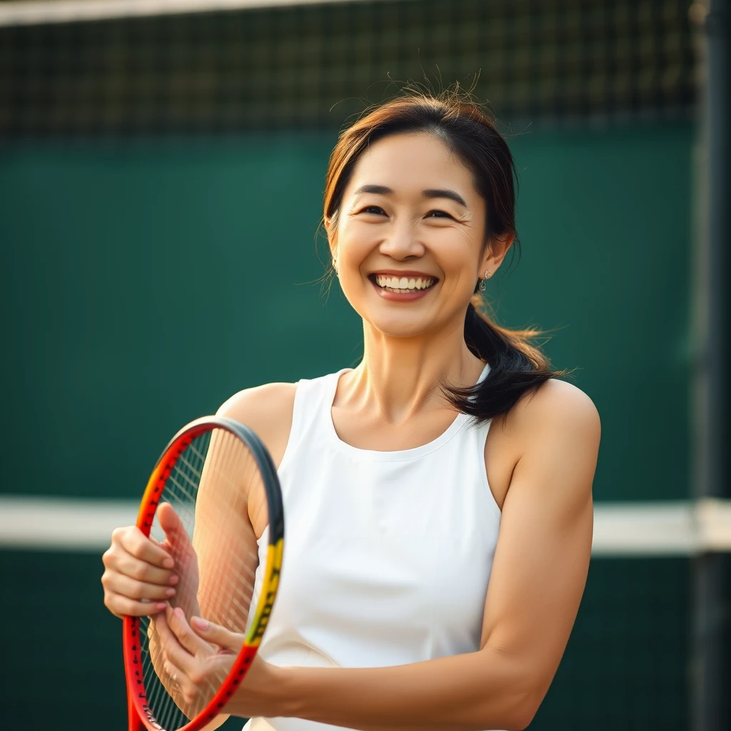 45-year-old Chinese female, wearing a white tennis dress. She has just finished a perfect shot, and the camera captures her smiling moment in a close-up, focusing on her facial expression and the tennis racket in her hand. The light comes from behind her, giving her face and shoulders a soft contour that accentuates her joy and confidence. Blurring the background further accentuates the subject, while vertical lines in the composition (such as a tennis net) direct the viewer's eye toward her face. - Image