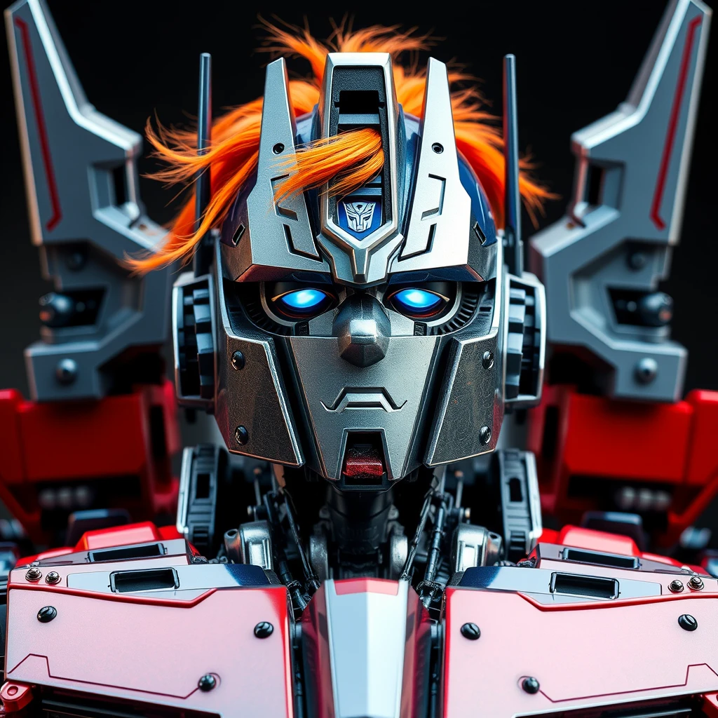 Optimus Prime with a human head, everything is robotic but there is literally a human head with orange hair that he's wearing.