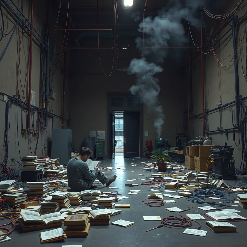 A real-life photograph, wide shot, of someone sitting in the corner of a large hall, reading a book. The hall has some books scattered messily, and many wires of varying thicknesses are on the floor and in the air, including red, blue, yellow, and other colors. Additionally, there are some machines emitting steam. At night, the lighting is dim, and there are some plants. At night, the main door of the hall is open. - Image