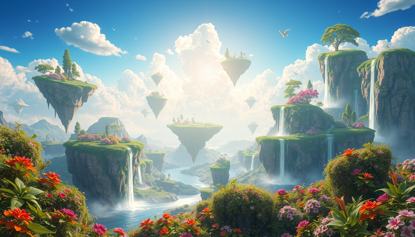 A surreal digital landscape with floating islands, cascading waterfalls, and vibrant flora, creating a dreamlike scene. - Image