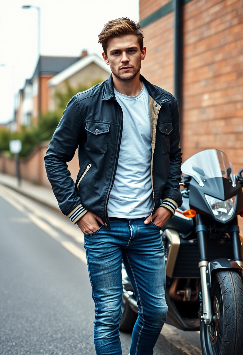 Jamie Dornan head and body shot, handsome, young, serious face, dark brown hair, white T-shirt, collage jacket, skinny jeans, sneakers, standing in a hot style, near a town road, on a superbike, hyper-realistic, street photography, brick wall, full body photo.