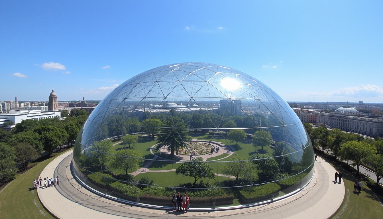 There is a transparent dome that is 10 meters high and about 3000 square meters wide. Inside the dome is a park and people are walking around... The photo shows that dome from the sky.