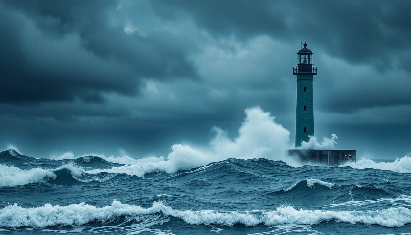 A dramatic stormy sea with a glass lighthouse standing tall against the waves.