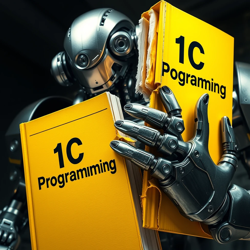 Futuristic scene: a giant robot bites the corner of a large yellow book. The robot is massive, with a metal body, gleaming lens-eyes and mechanical jaws. Its size is several times the size of the book. The book is bright yellow in color, thick, and looks like a textbook. The cover of the book reads "1C Programming" in large black letters. You can see that the robot has bitten off the upper right corner of the book, leaving a jagged bite mark. Metal teeth of the robot can be seen with remnants of the bitten off pages. The background is neutral, perhaps a darkened laboratory or futuristic interior. The lighting is dramatic, emphasizing the contrast between the shiny metal of the robot and the matte surface of the book. 
Image style: photorealistic with science fiction elements. Detailed texture of the robot's metal and the book's paper. Clear lines and shapes. Saturated colors with emphasis on the yellow of the book and the silver-steel of the robot. - Image