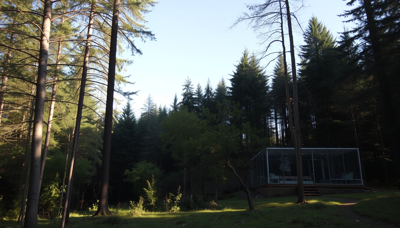 A tranquil forest scene with a hidden glass house blending into the surroundings.