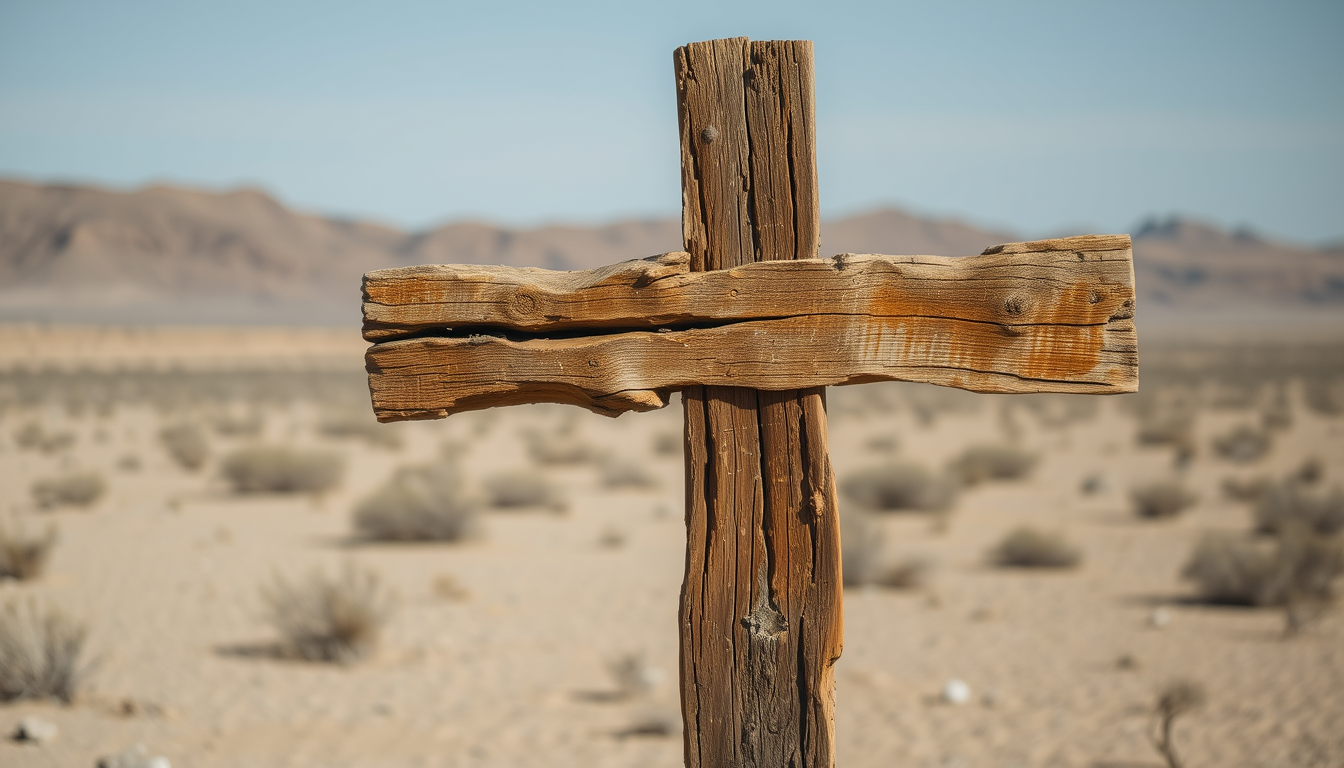 A wooden cross that is crumbling with visible signs of bad fungal degradation, wet rot, and dry rot. The cross is standing in a barren desert landscape. The overall feel is depressing and desolation. - Image