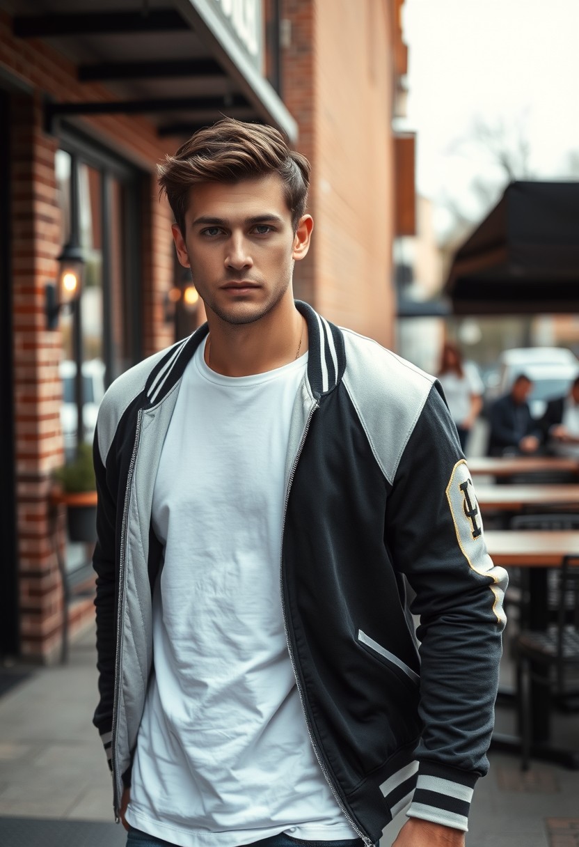 Christian Grey head and body shot, handsome young man, dark brown hair, serious face, white T-shirt, college jacket, skinny jeans, sneakers, walking in a stylish way, near a café, hyper realistic, street photography, brick wall, full body photo, morning scenery. - Image