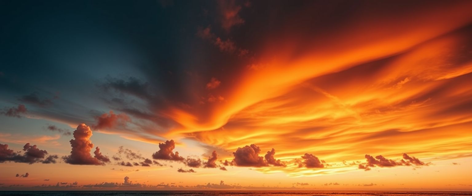 Dramatic, fiery sunset, clouds, silhouettes, high quality, photorealistic, evening sky, reflection, serene, seashells.