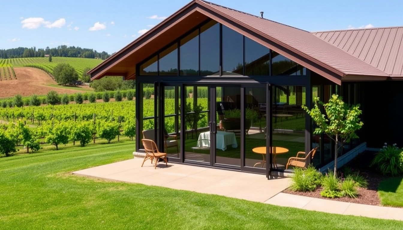 A picturesque vineyard with a glass-walled tasting room overlooking the grapevines.