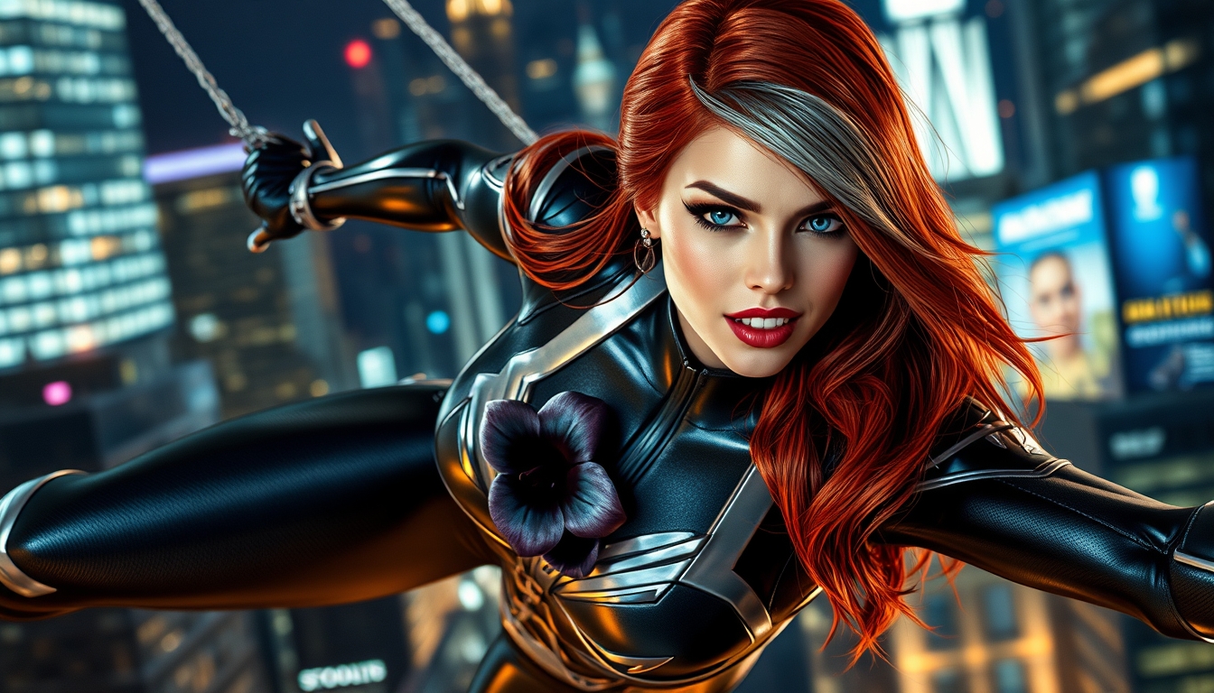 I had an AI generate an image of a superhero, and I think the results are pretty cool! It's a picture of a redheaded superheroine with a grey streak in her hair. She's wearing a black and silver metallic spandex outfit with a black orchid embedded on her chest plate. She's swinging through the city at night in a dynamic fashion. The details are impressive, and the overall effect is both eye-catching and realistic. I think she would make a great superhero in a comic book or movie! anatomically correct.