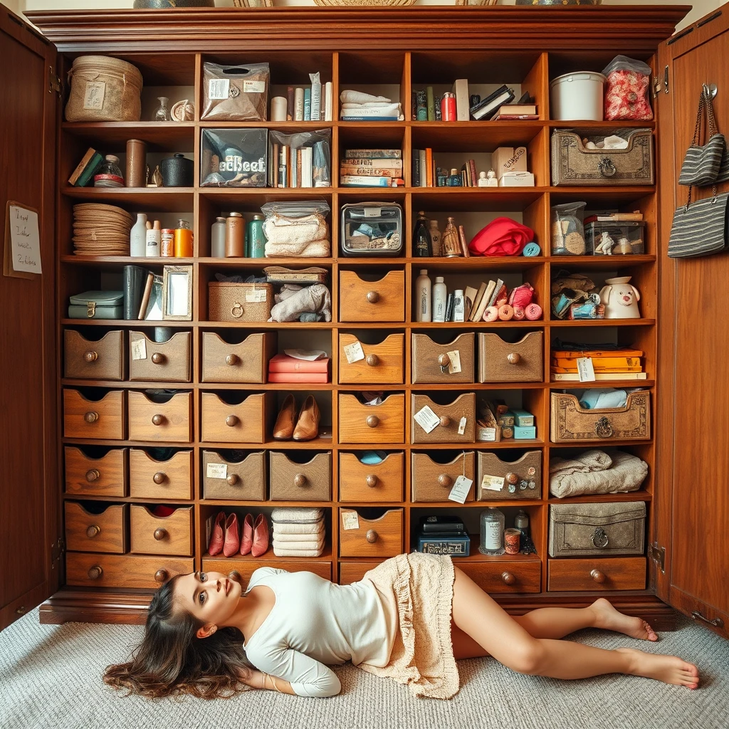 "A large cabinet with many small compartments, filled with various items for girls. A young woman is lying in front of the cabinet." - Image