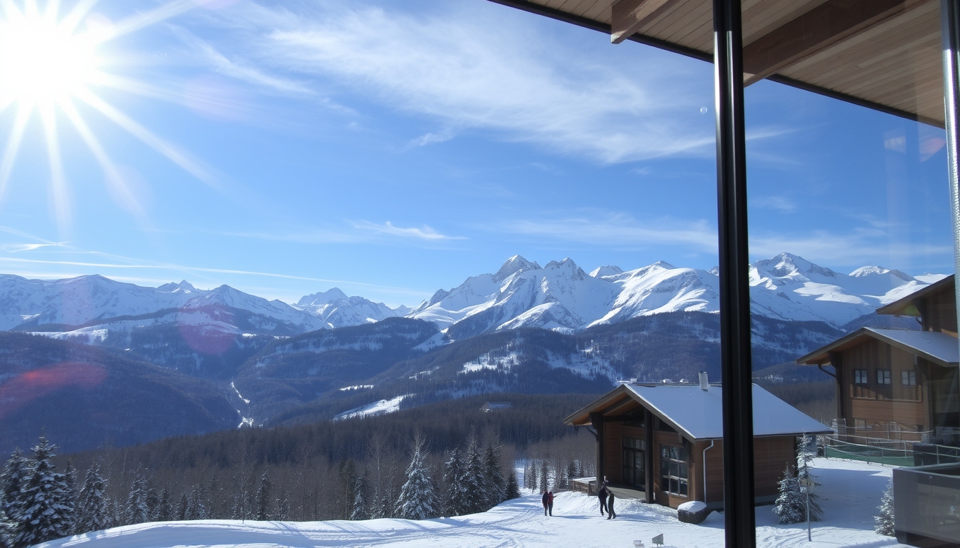 A dramatic mountain landscape viewed through the glass walls of a ski lodge.