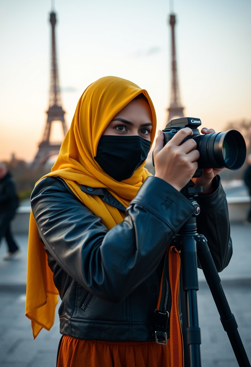 Biggest hijab yellow Muslim girl, beautiful eyes, face mask black, army leather jacket, biggest skirt, camera dslr canon, tripod, taking photos of Eiffel Tower, sunrise, morning scenery, hyper realistic, street photography.