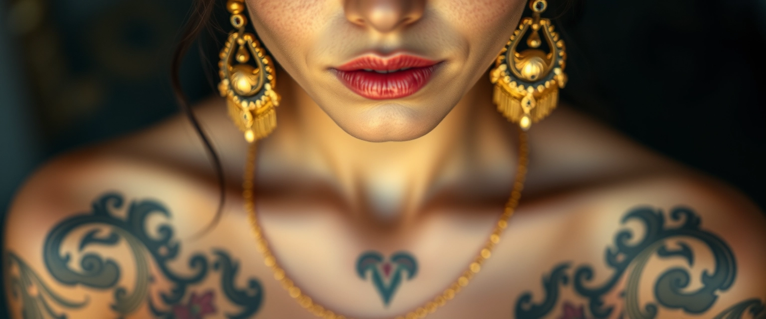 Close-up view of the tattooed chest of a fair-skinned Korean Indian woman with beautiful facial features and blue eyes, wearing gold ornaments and looking at the camera. - Image