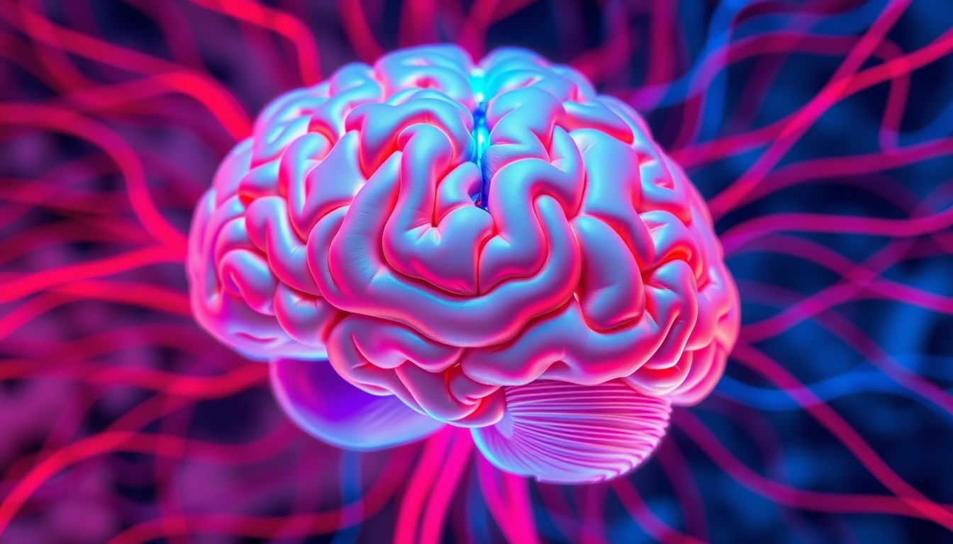 A colorful, abstract image of a brain with red and blue lines.