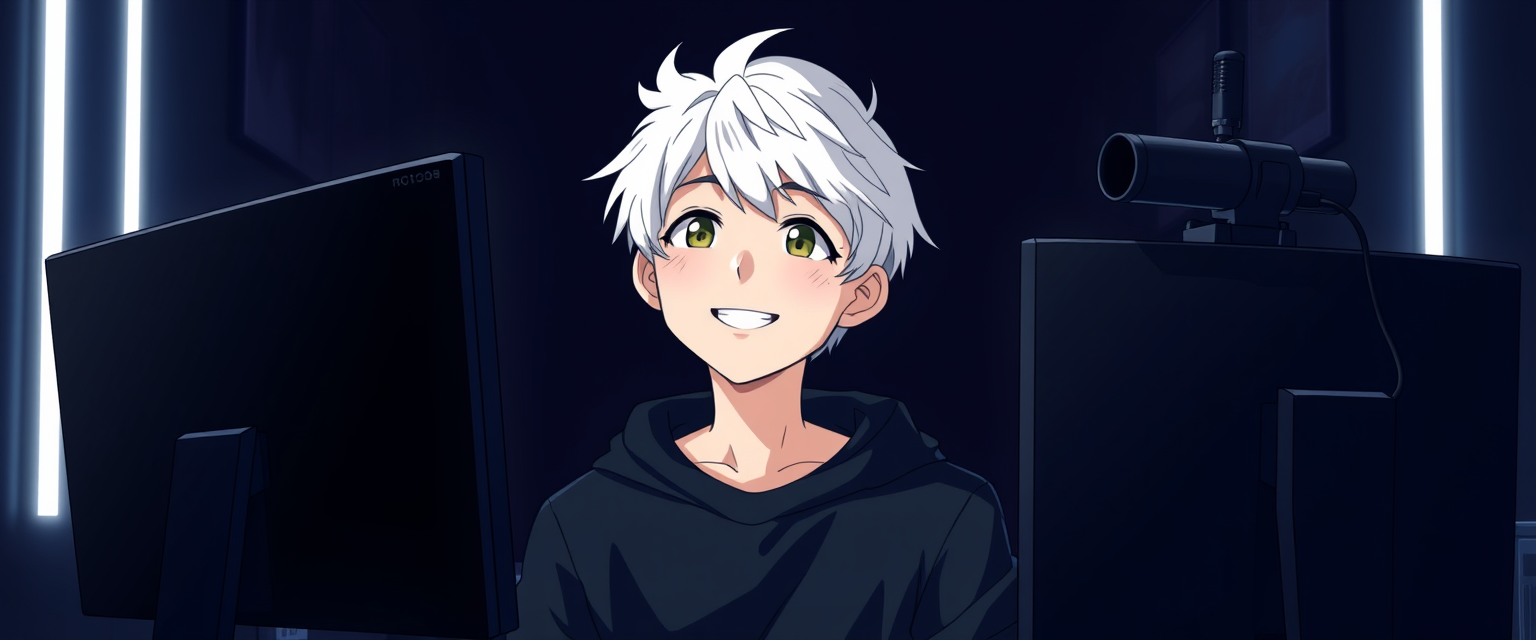 Anime-style drawing of a boy with white hair, smiling, wearing a black sweatshirt in a gamer setup with front-facing lights, looking at two monitors with black screens in a black room with dim white neon lights, featuring one podcast-style microphone and one camera on top of a monitor to his right side.