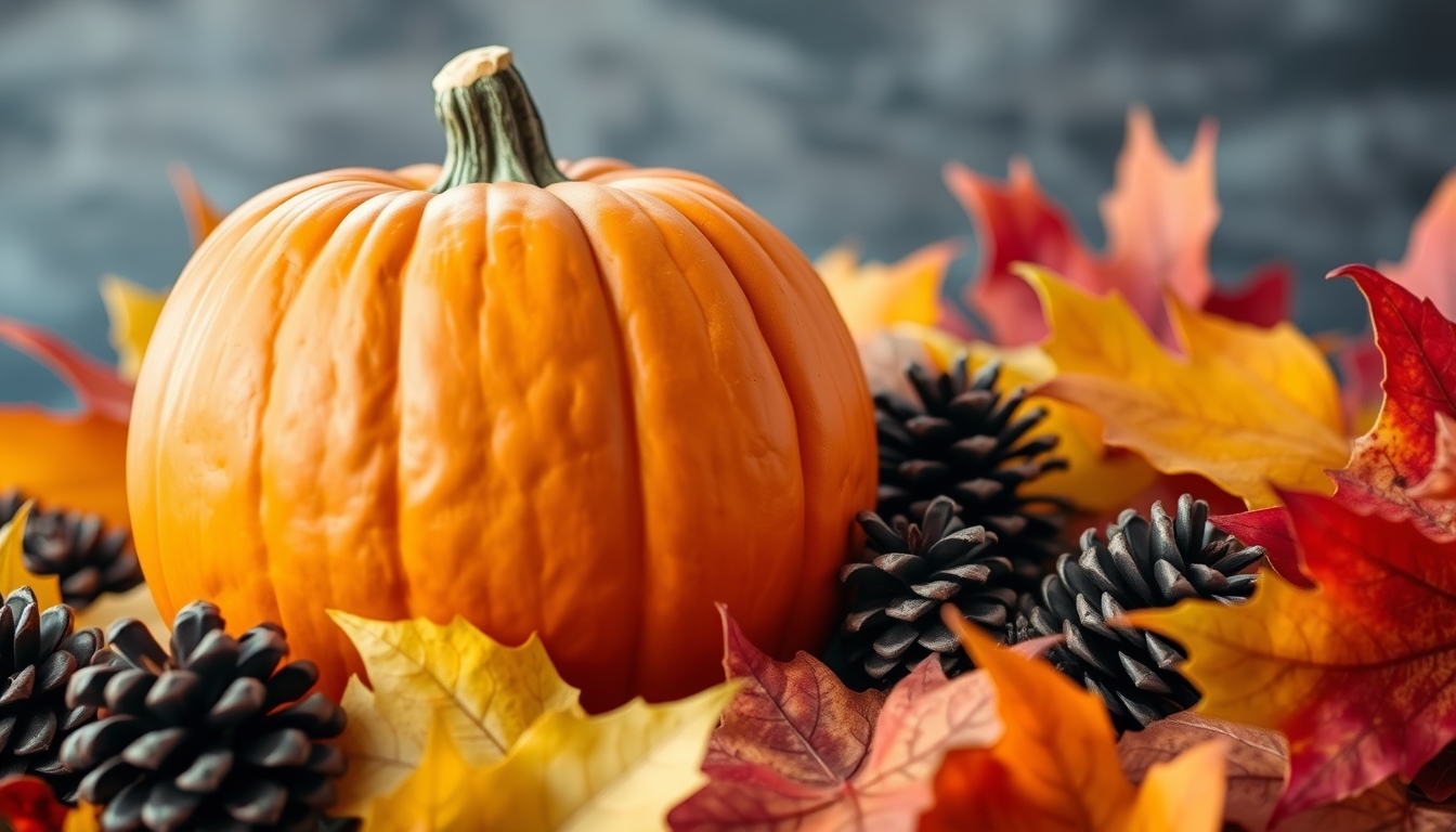 Autumn composition with a big orange pumpkin standing out in a Thanksgiving arrangement with colorful leaves and pine cones.