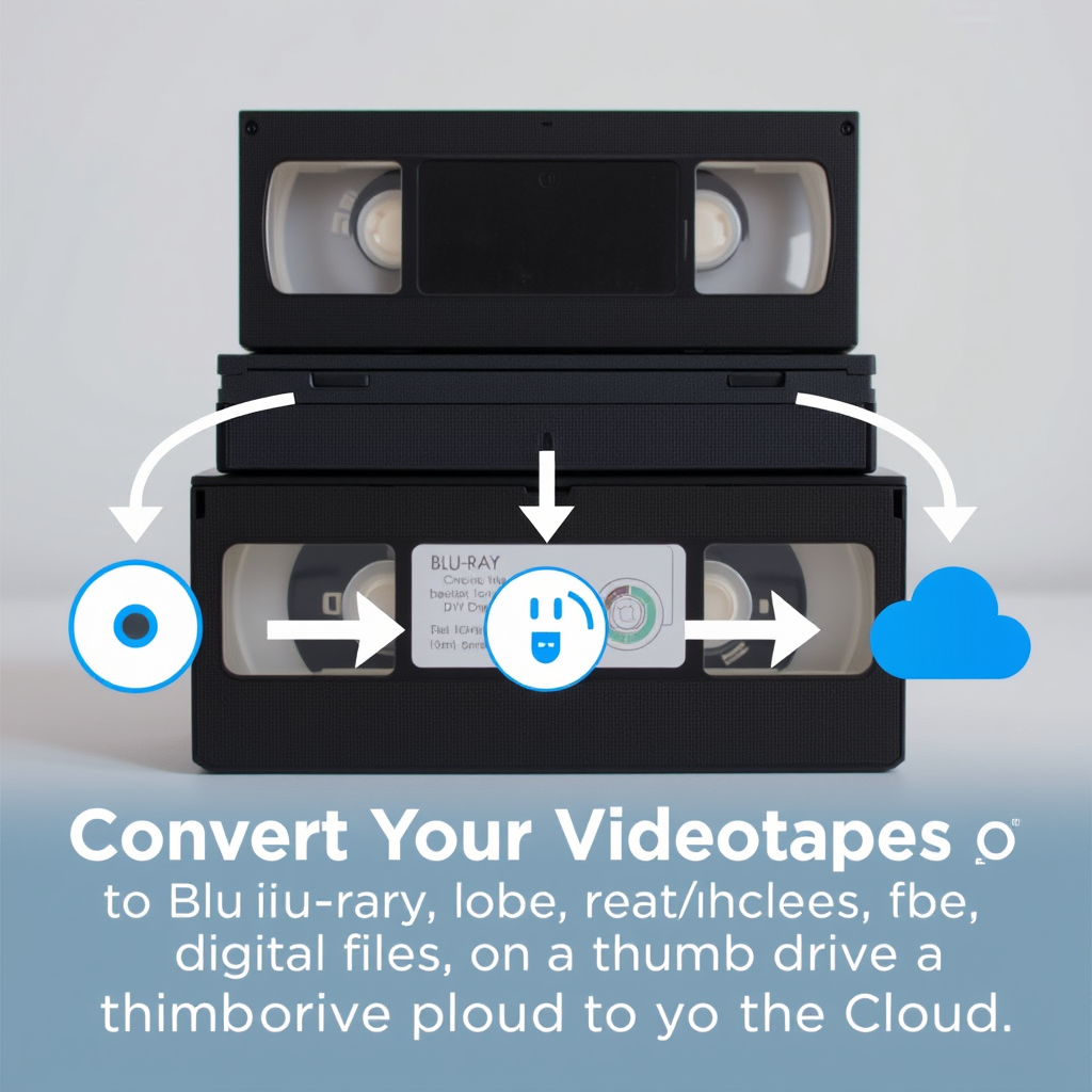 "[Modern, clean] stock photo graphic of a [stack of VHS tapes], [with arrows pointing to various conversion options], [featuring icons of a Blu-ray disc, DVD disc, thumb drive, and a cloud upload symbol], [set against a neutral, professional background], [with clear, high-resolution images of each conversion option], [using a bold, sans-serif font for the text], [including the text 'Convert Your Videotapes to Blu-ray, DVD, Digital Files on a Thumb Drive, or Upload to the Cloud'], [with a sleek, informative design that highlights the versatility of the service]."