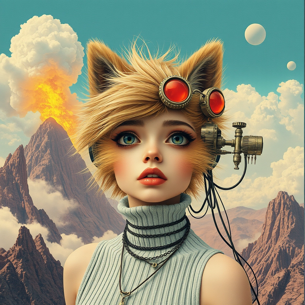 Fashion model beauty niji girl perspective pop rock fluo collage sci-fi steampunk machinery extra dust particle cloud octane render and paper art ink art Méliès, Jules Verne, big eyes creature from hell, burning mountain, sad human climbing the sky, giant spitz Pomeranian, wires and cables. - Image