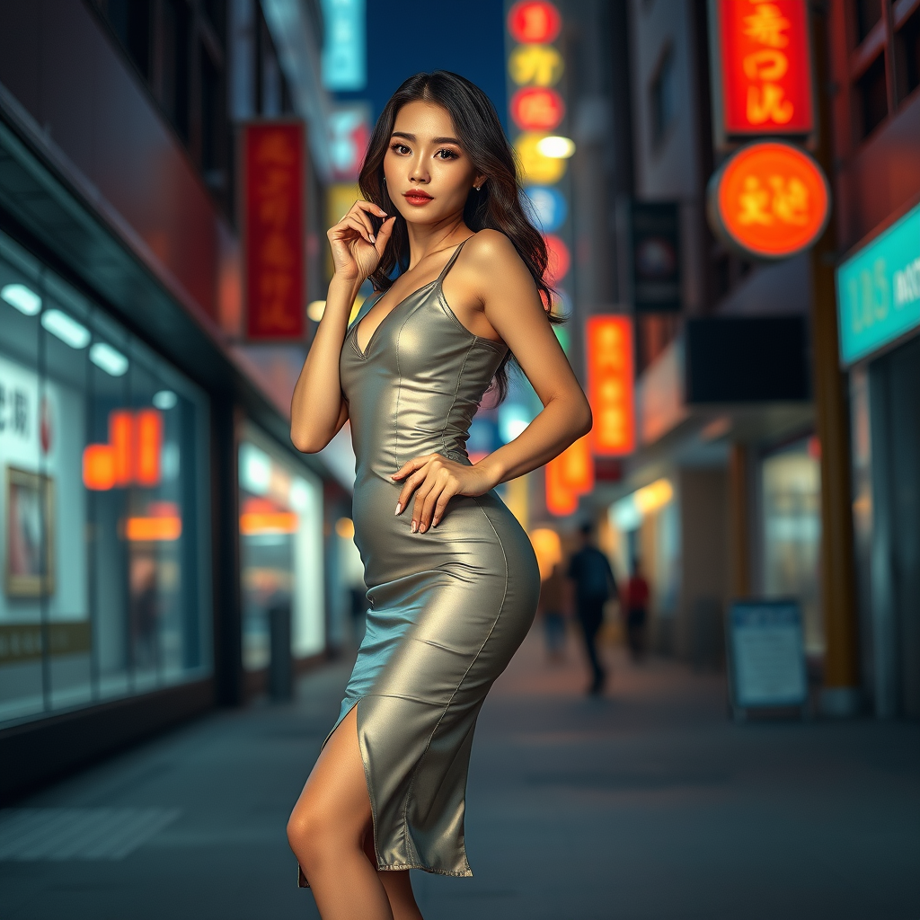 xy full-body portrait of a Korean woman, alluring gaze, sleek and modern outfit, form-fitting dress with metallic accents, high heels, confident stance, urban night scene, neon lights, soft yet dramatic lighting, polished and sophisticated look, photorealistic quality --ar 3:4 --v 6.0