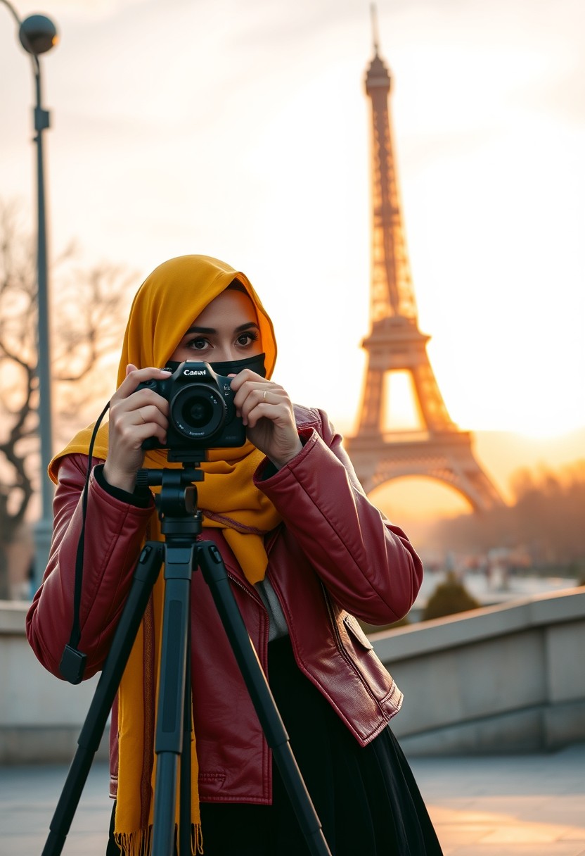 Biggest hijab yellow Muslim girl, beautiful eyes, face mask black, red leather jacket, black biggest skirt, camera DSLR CANON, tripod, taking photo Eiffel Tower, sunrise, morning scenery, Eiffel Tower, hyper realistic, street photography.