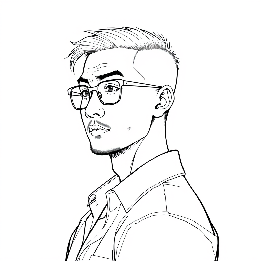 "Create a cool line drawing of a man around 35 years old, slightly turned to the left, with a crew cut and a sturdy physique. He is Asian, wearing framed glasses, has a bit of stubble on his chin, and is dressed in a shirt. He has a slightly rogue character yet possesses some refinement." - Image