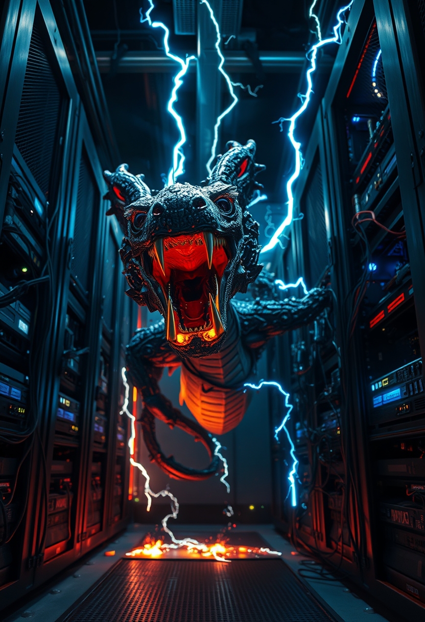 EnhanceImage, fire element, mad-lgthng, highly detailed, high quality, limited color palette, cinematic shot viewed from below, dramatic lighting, rich shadows and bright highlights, server room setting, facing camera mechanical dragon made of circuit boards and real electronics, roaring with mouth open, crawling out of a computer, smashing GPUs, electrical wires connect it to computer banks, glowing eyes and glowing electricity, blue electrical fire, lightning arcing out of broken computers, mad-embrace falling from ceiling.