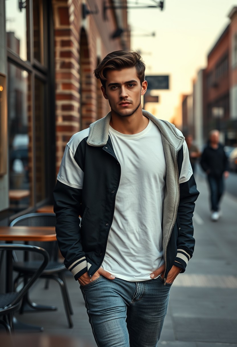 Christian Grey lookalike head and body shot, handsome young man, dark brown hair, serious face, white T-shirt, college jacket, skinny jeans, sneakers, walking with hot style, near café, hyper-realistic, street photography, brick wall, full body photo, morning scenery.