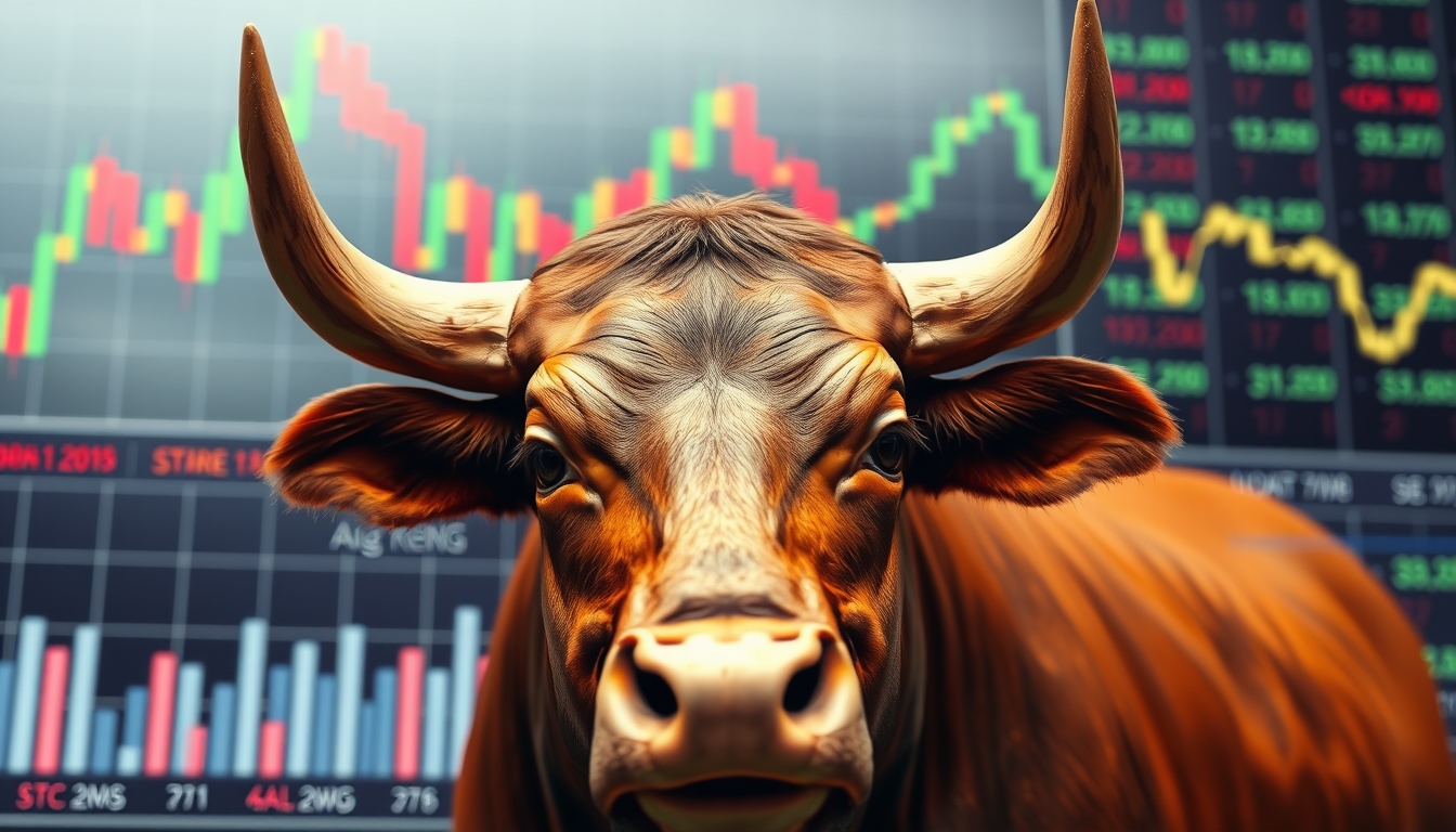 Bull in front of a stock market chart, illustrating the concept of a strong market and financial gains. - Image